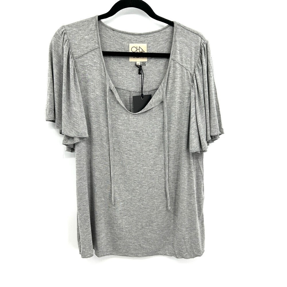 NWT CHASER Heather Gray V-Neck Flutter Sleeve Pleated Back Shirt Top Size Medium
